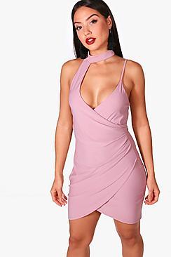 Boohoo Choker Wrap Detail Bodycon Dress
