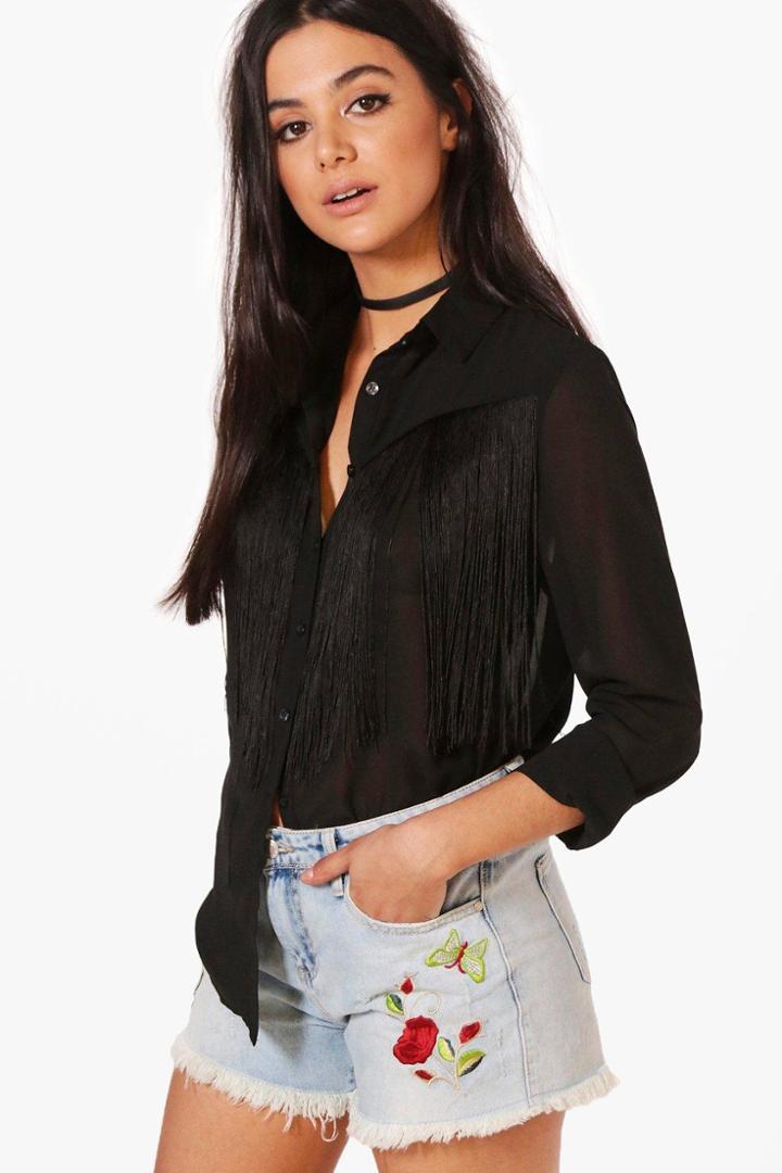 Boohoo Hannah Woven Fringed Shirt Black