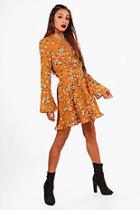 Boohoo Floral V Neck Flared Sleeve Swing Dress
