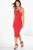 Boohoo Aida Lace Up Front Midi Dress Ruby