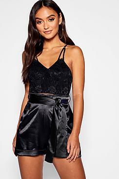 Boohoo Petite Satin Tie Waist Tailored Shorts
