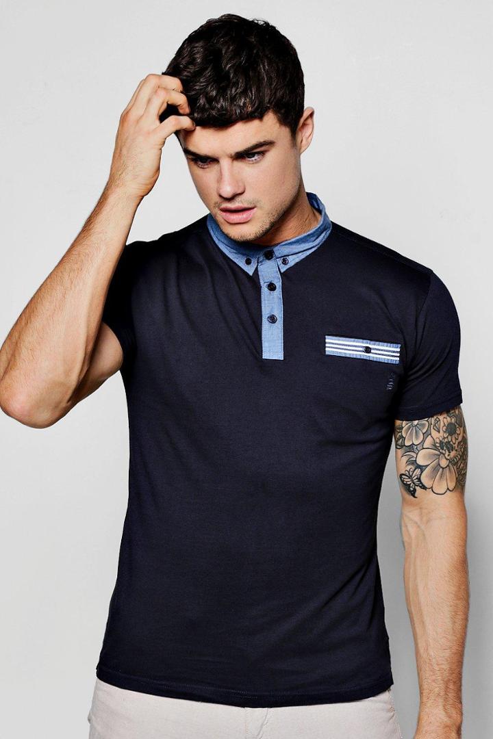 Boohoo Chambray Collar Stripe Pocket Polo Navy