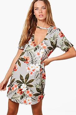 Boohoo Elia Tropical Curved Hem Shift Dress