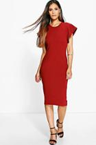 Boohoo Maisie Frill Sleeve Tailored Bodycon Midi Dress Wine