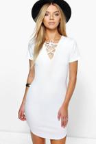 Boohoo Lucia Lace Up Ribbed Curved Hem Bodycon Dress Cream