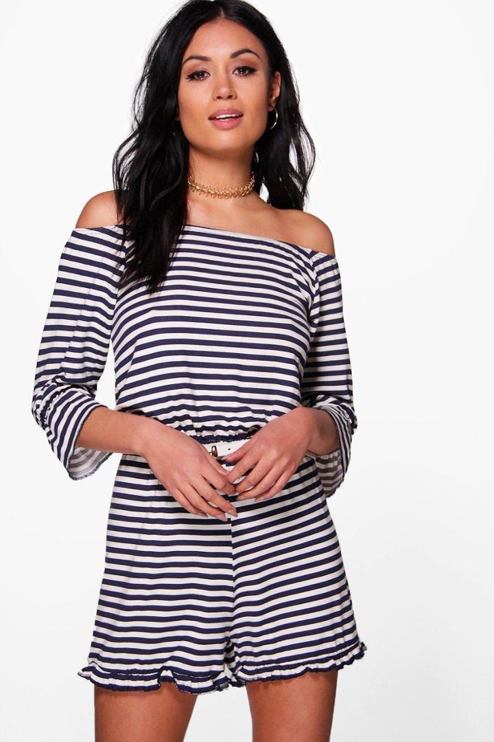 Boohoo Maddison Off Shoulder Striped Playsuit Blue