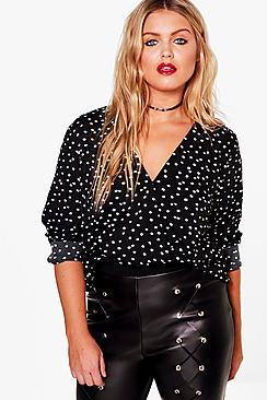 Boohoo Plus Celia Wrap Front Spot Blouse