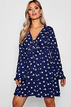 Boohoo Plus Star Printed Tie Front Ruffle Skater Dress