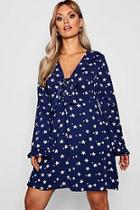 Boohoo Plus Star Printed Tie Front Ruffle Skater Dress