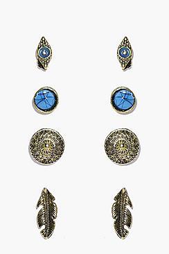 Boohoo Libby Evil Eye & Feather Stud 4 Earring Set