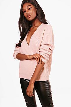 Boohoo Millie Plunge Wrap Over Soft Knit Jumper