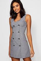 Boohoo Dogtooth Gold Button Tweed Effect Pinafore Dress