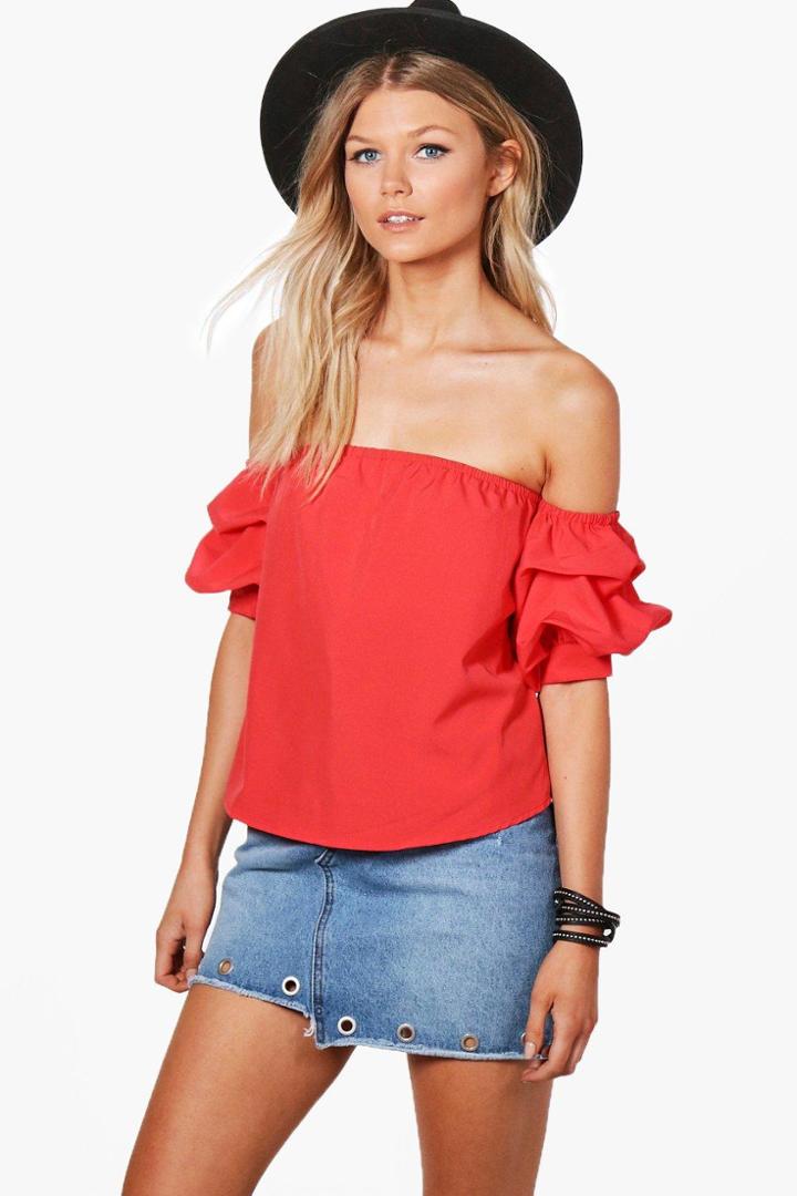 Boohoo Petite Ruby Balloon Sleeve Off The Shoulder Top Tomato