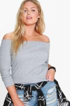 Boohoo Plus Casey Ruched Hem Off The Shoulder Top Grey