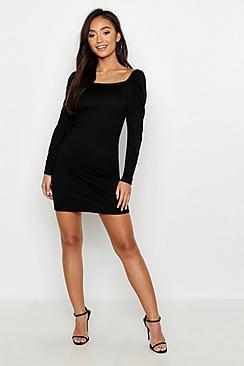 Boohoo Petite Square Neck Volume Shoulder Bodycon Dress