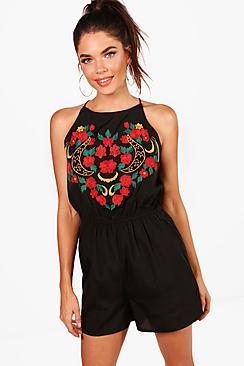 Boohoo Tall Lauren Embroidered High Neck Playsuit