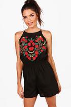 Boohoo Tall Lauren Embroidered High Neck Playsuit