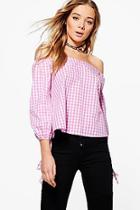 Boohoo Grace Gingham Off The Shoulder Woven Top