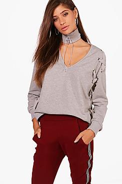 Boohoo Choker Eyelet Lace Up Sweatshirt