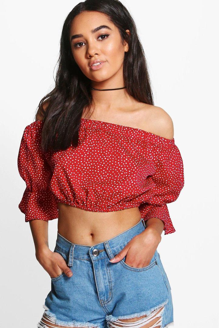 Boohoo Petite Nina Spot Printed Off The Shoulder Blouse Red