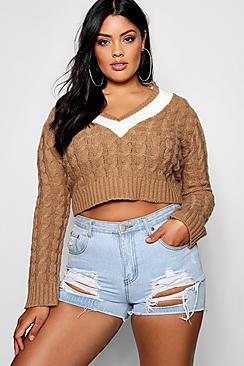 Boohoo Plus V Neck Trim Cable Knit Crop Jumper