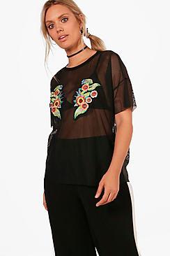 Boohoo Plus Lissy Applique Fishnet Tee