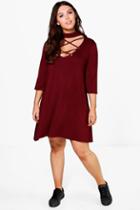 Boohoo Plus Harriet Lace Up High Neck Swing Dress Merlot