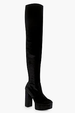 Boohoo Evie Velvet Stretch Platform Over The Knee Boot