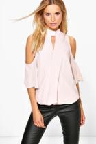 Boohoo Jenny Cold Shoulder Choker Detail Blouse Nude