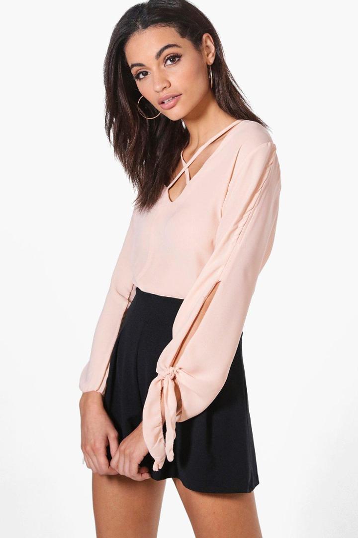 Boohoo Esme Tie Strap Detail Woven Blouse Blush