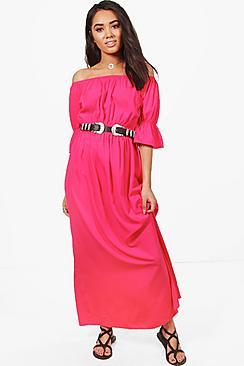 Boohoo Petite Sara Off The Shoulder Woven Maxi Dress