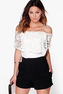 Boohoo Lizzie Pastel Lace Off The Shoulder Top