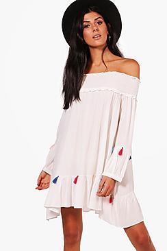 Boohoo Erin Shirring Tassel Off Shoulder Dress