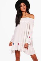Boohoo Erin Shirring Tassel Off Shoulder Dress
