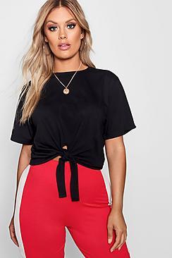 Boohoo Plus Tie Front Cotton Tee