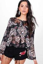 Boohoo Amy Ruffle Sleeve Lace Printed Top