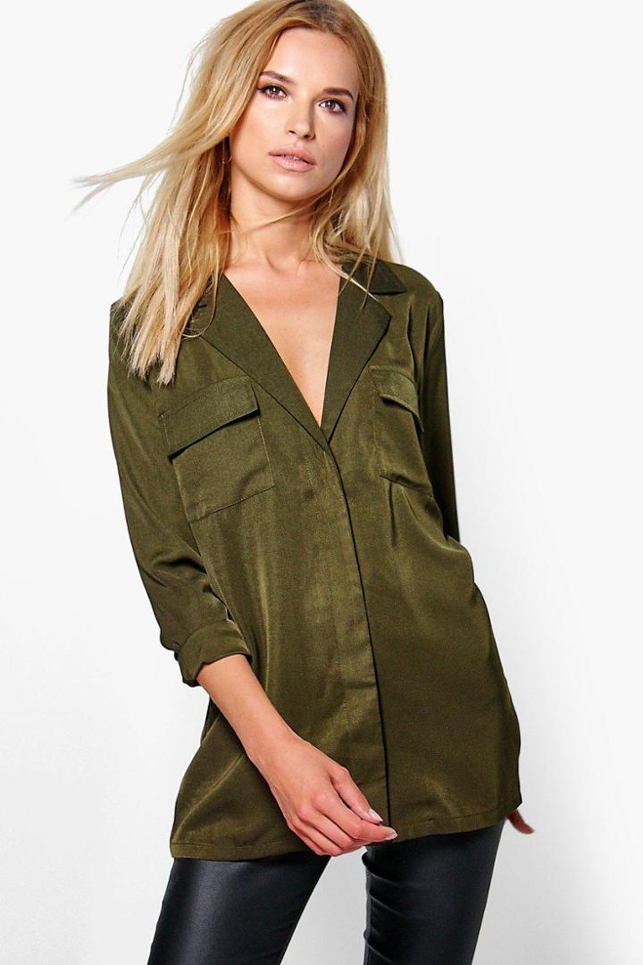 Boohoo Eliza Rever Collar Pocket Shirt Olive