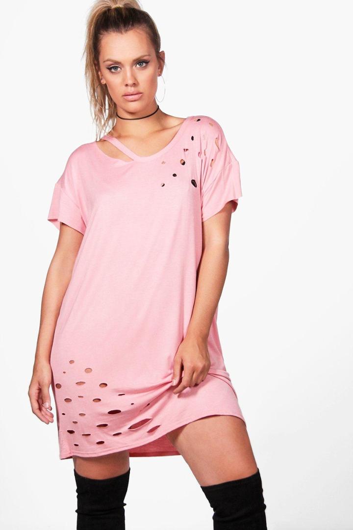 Boohoo Plus Annie Distressed Cut Out T-shirt Dress Blush