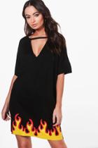 Boohoo Holly Flame Hem Choker T-shirt Dress Black