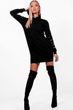 Boohoo Haya Hooded Sweat Dress With Faux Pearl Detail