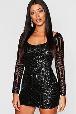 Boohoo Sequin Mesh Scoop Neck Bodycon Dress