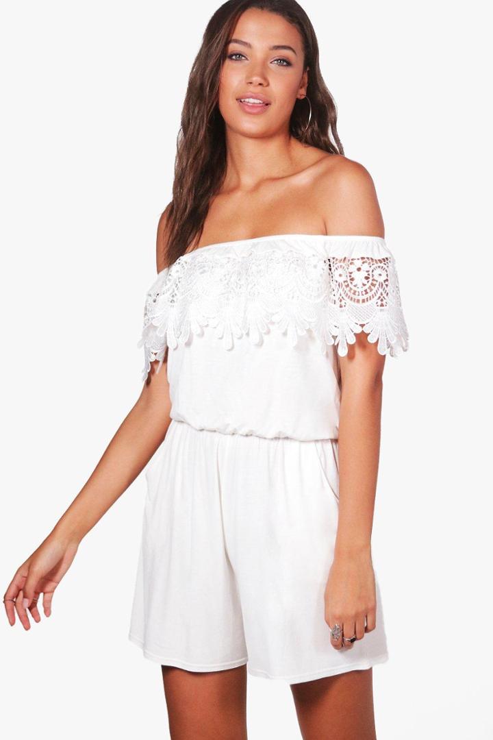 Boohoo Tall Esme Off Shoulder Crochet Trim Playsuit Cream