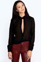 Boohoo Rosella Collared Deep Plunge Long Sleeve Blouse Black