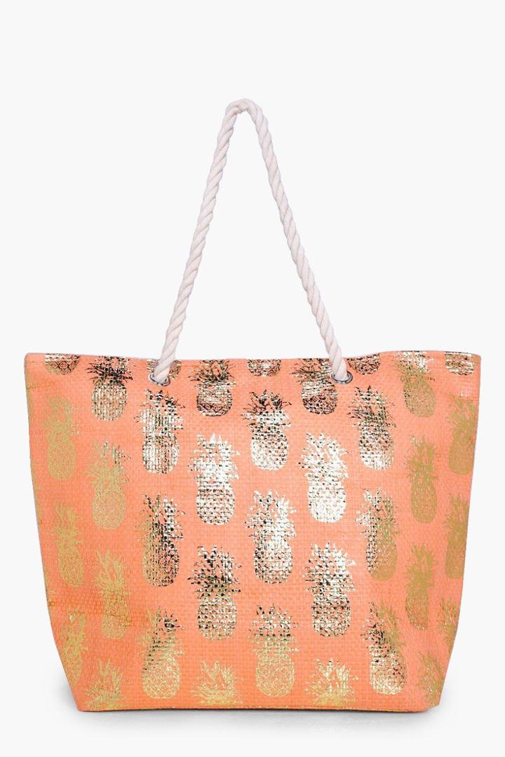 Boohoo Megan Metallic Pineapple Straw Beach Bag Orange