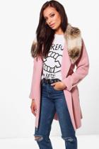 Boohoo Eliza Faux Fur Collar Wool Look Coat Pink