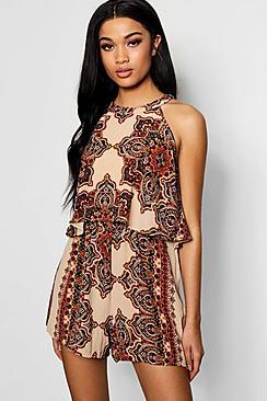 Boohoo Bohemian Print Lace Up Back Playsuit