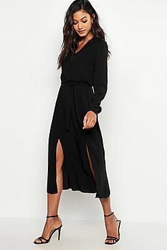 Boohoo Woven Belted Shirt Midi Dress