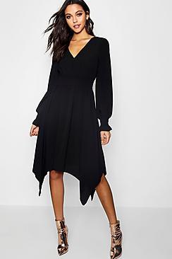 Boohoo Annie Shirred Waist Hanky Hem Midi Dress