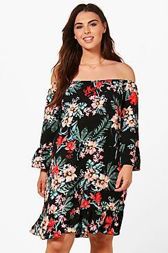 Boohoo Plus Sophia Off The Shoulder Floral Dress