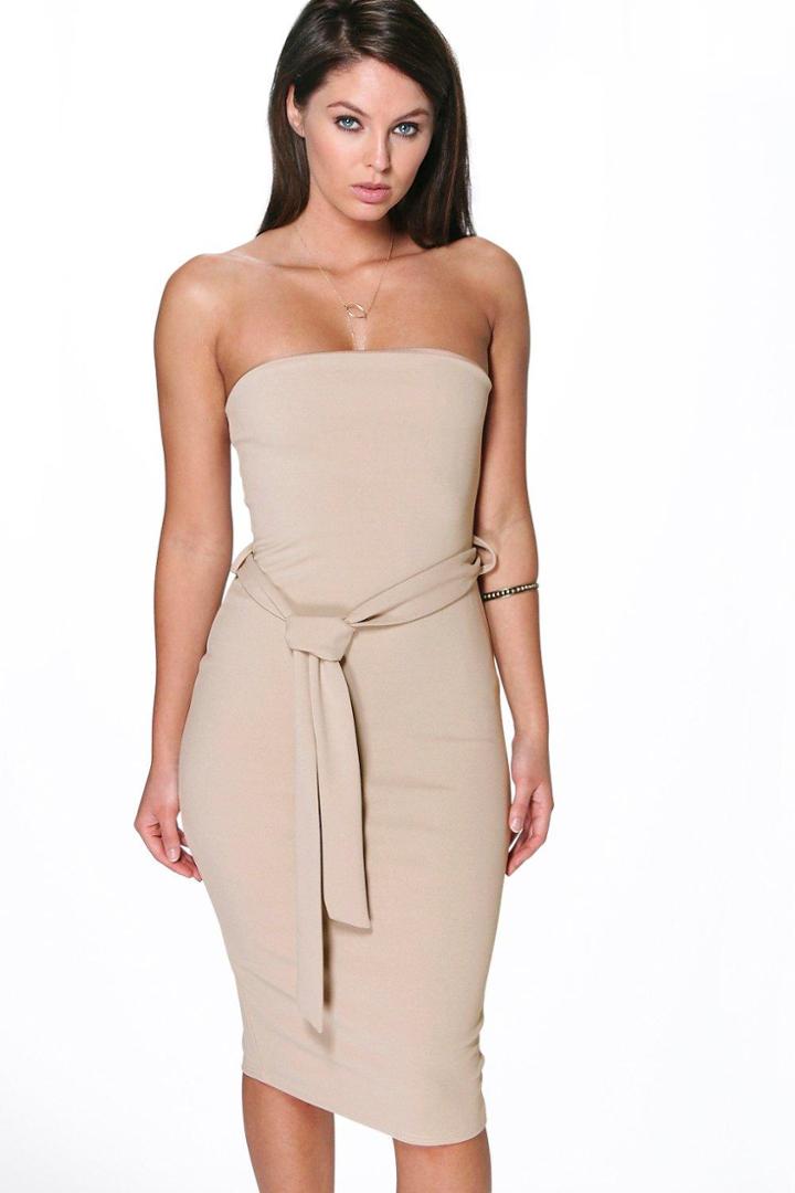 Boohoo Lizzie Bandeau Tie Belt Midi Dress Sand